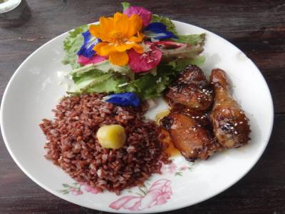 Poulet au miel avec riz rouge