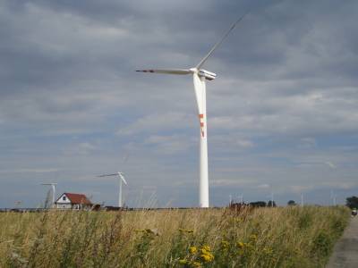 Chemin de terre à travers les éoliennes