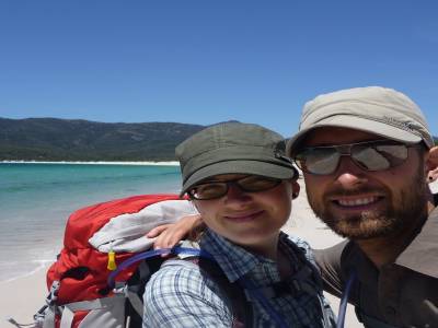 Nous en route vers le camping à Wine Glass Bay.